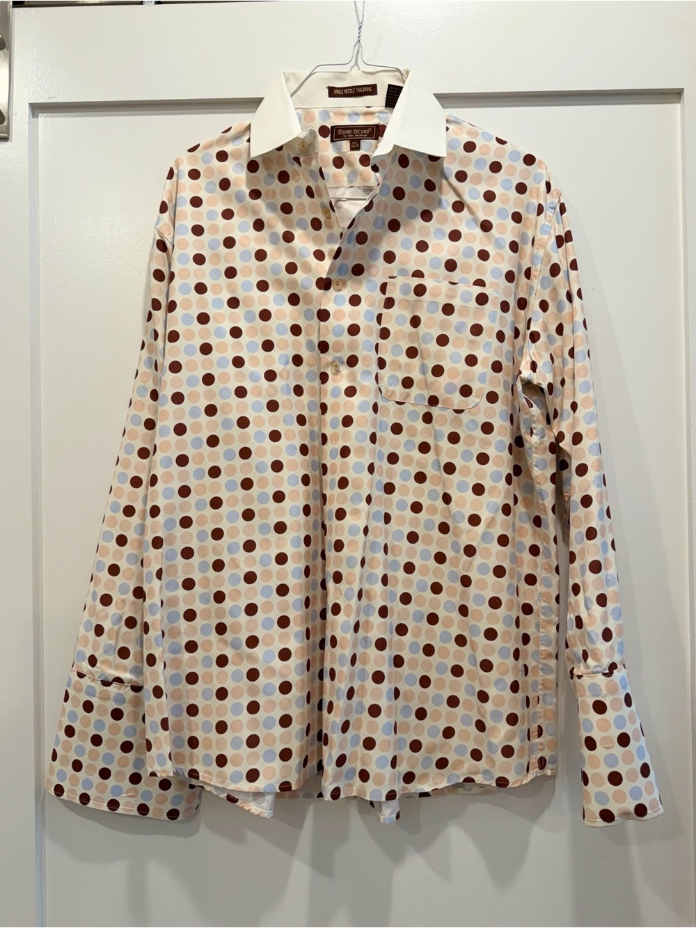 Henri Picard Men’s Polka Dot Dress Shirt 17.5 35/36 White Brown Blue Button Up